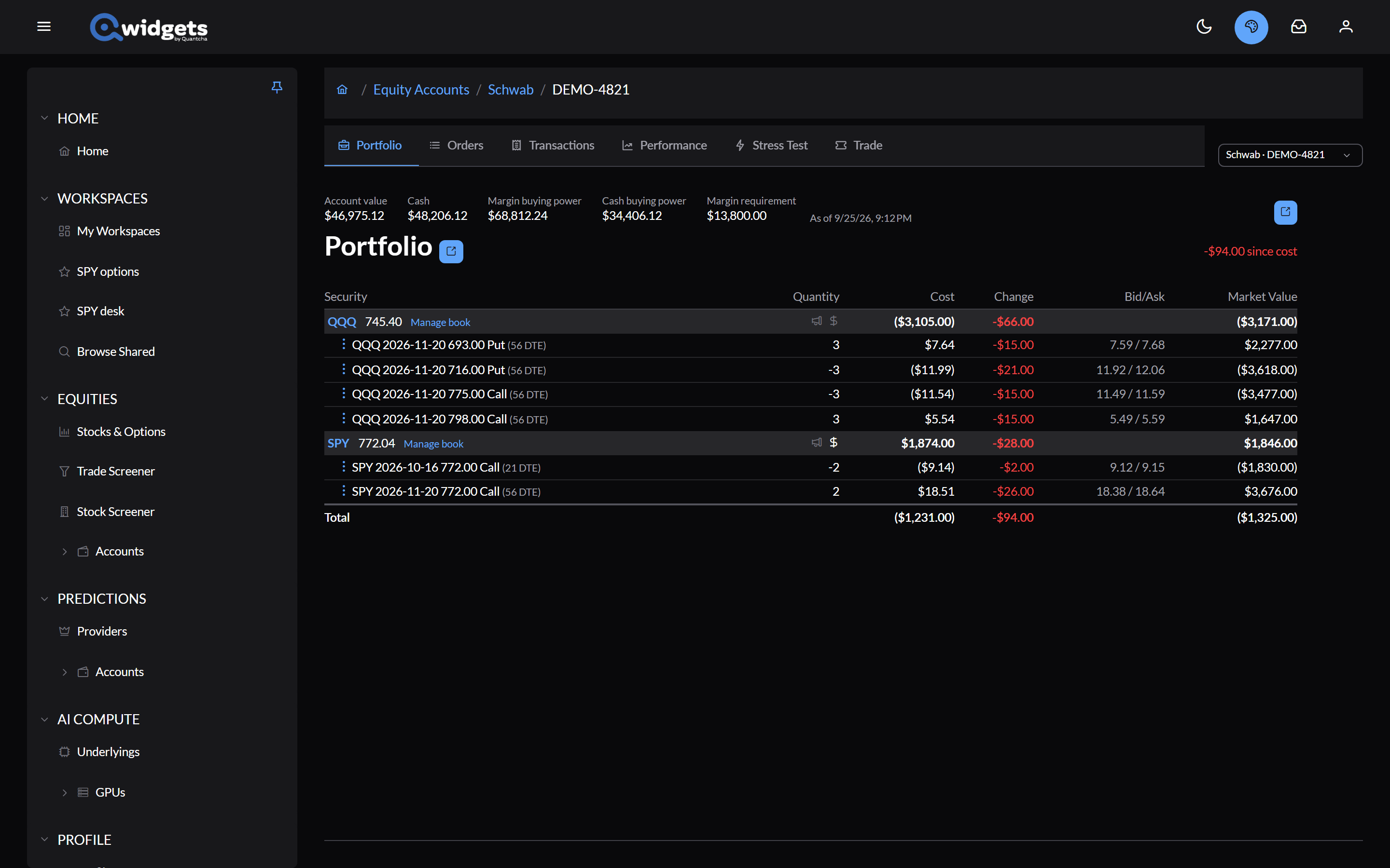 An account's Portfolio tab: balances across the top, then positions grouped by underlying with quantity, cost, change, bid and ask, and market value.