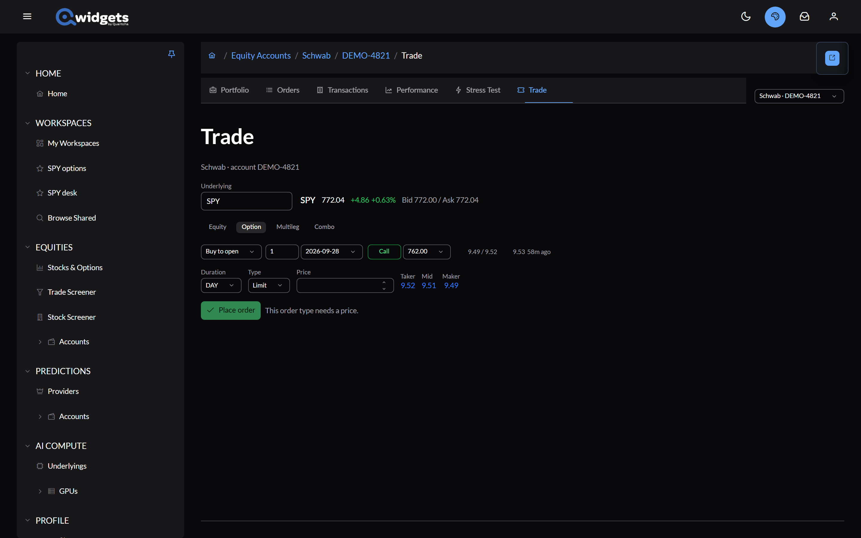 The Trade tab for SPY with the Option order class selected: a buy-to-open call leg, duration, order type, price, the taker, mid, and maker prices, and Place order.
