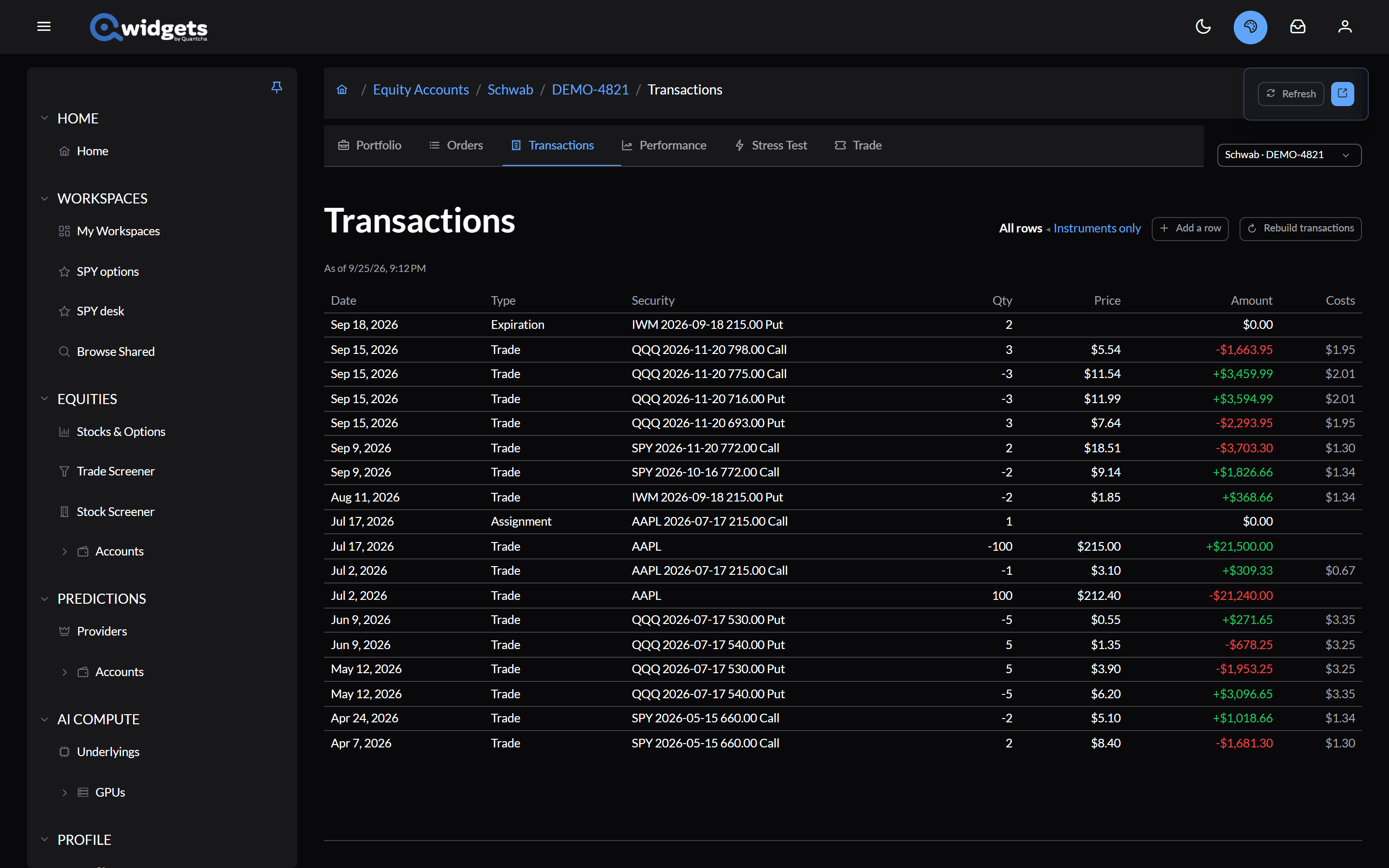 The Transactions tab listing trades, an assignment, and an expiration with their dates, securities, quantities, prices, amounts, and costs.
