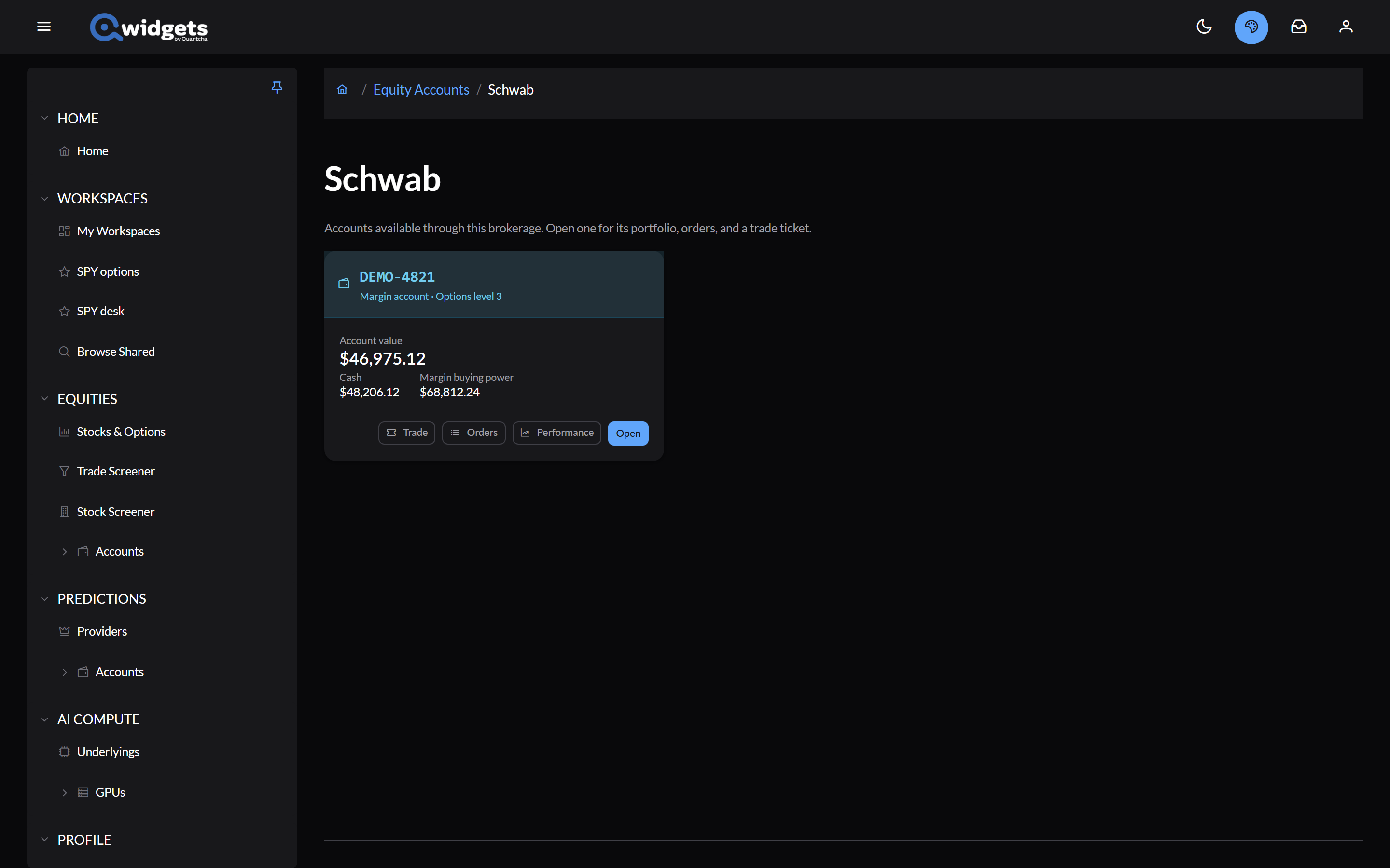 A Schwab brokerage's accounts page with one margin account card showing its value, cash, and buying power.