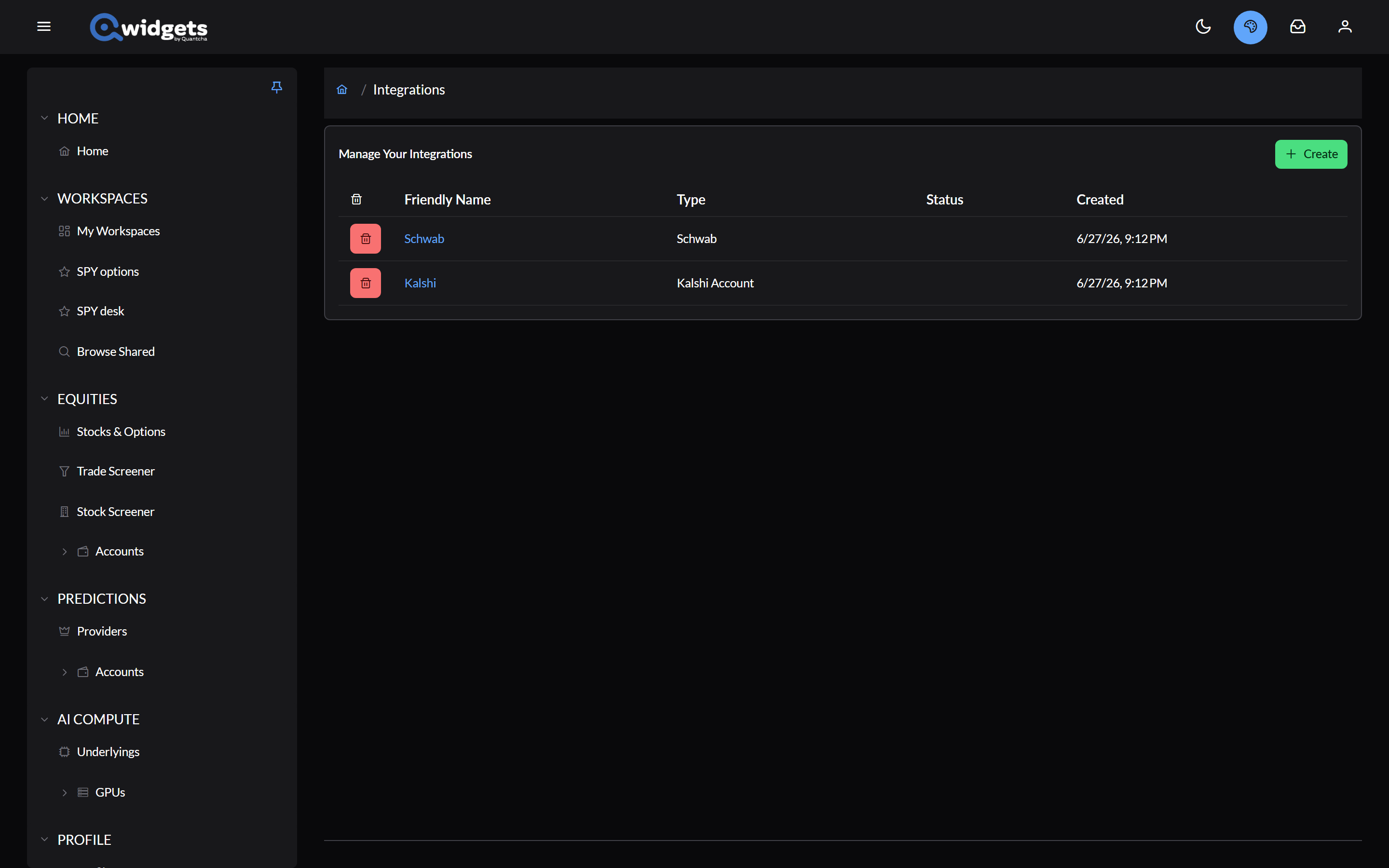 The Manage Your Integrations page listing a Schwab and a Kalshi connection with their status.