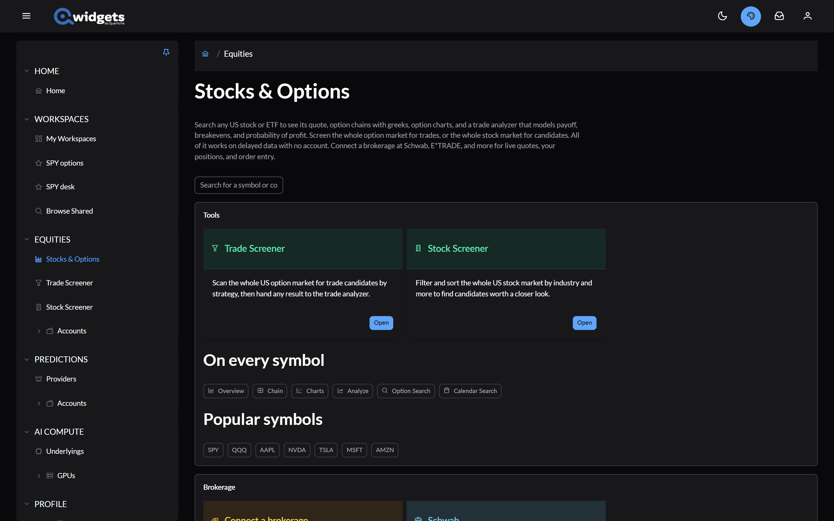 The Stocks & Options page with a symbol search box, Tools cards for the Trade Screener and Stock Screener, links to every tool for a symbol, and popular symbols.