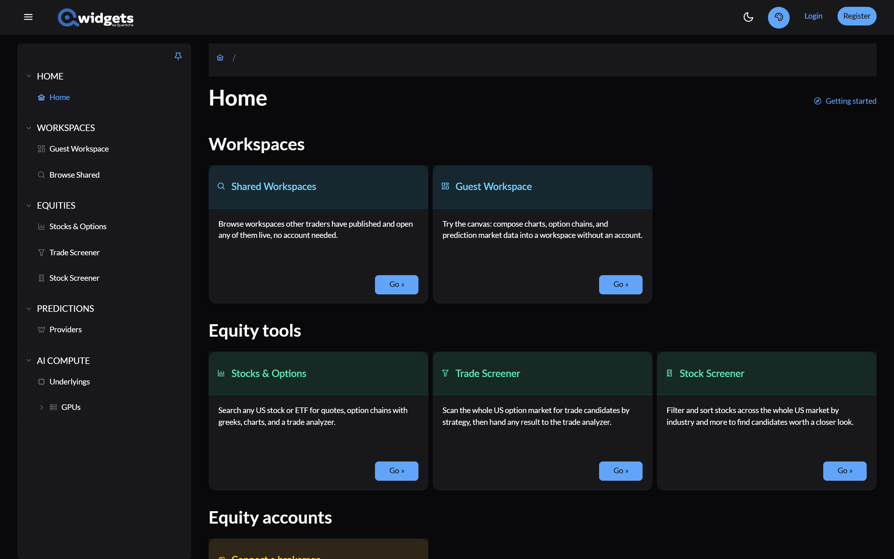 The Qwidgets home page for a visitor who isn't signed in, with sections for workspaces, equity tools, equity accounts, prediction markets, and AI compute.