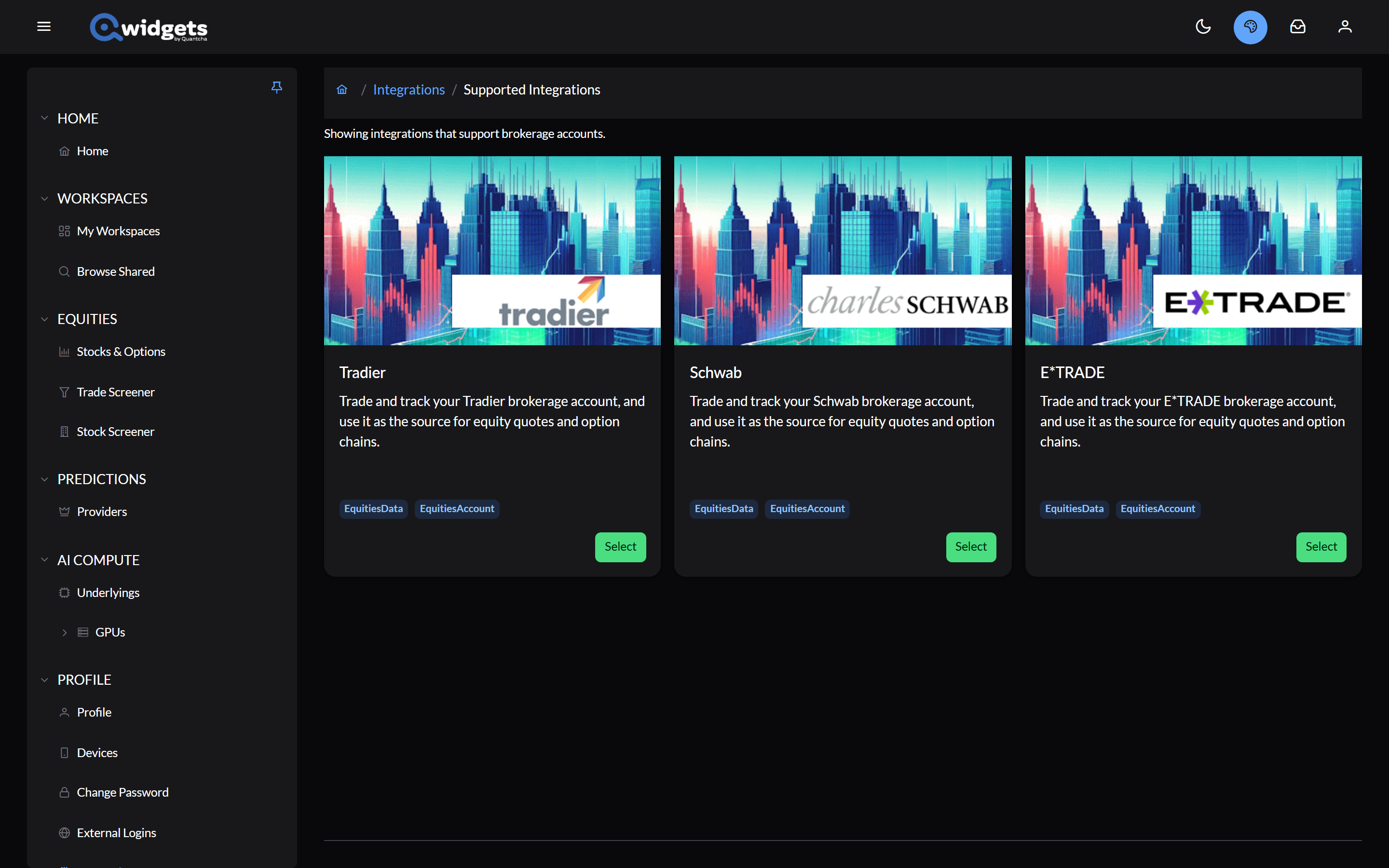 The list of brokerage integrations Qwidgets supports, each with a Select button.