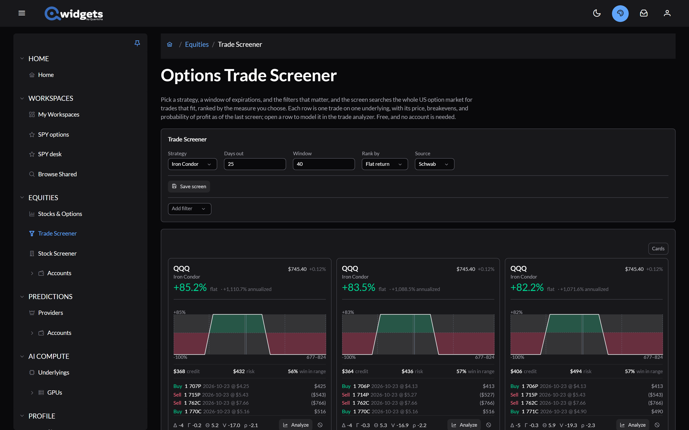 The Options Trade Screener set to Iron Condor, with Days out, Window, Rank by, and Source controls above result cards showing each trade's return, payoff, credit, risk, win in range, legs, and Greeks.