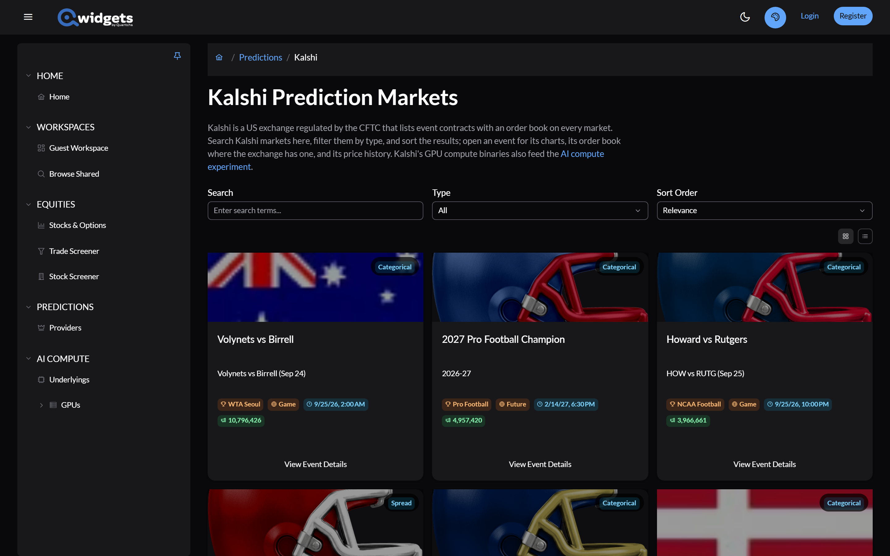 The Kalshi Prediction Markets page with search, Type, and Sort Order controls above cards for open events.