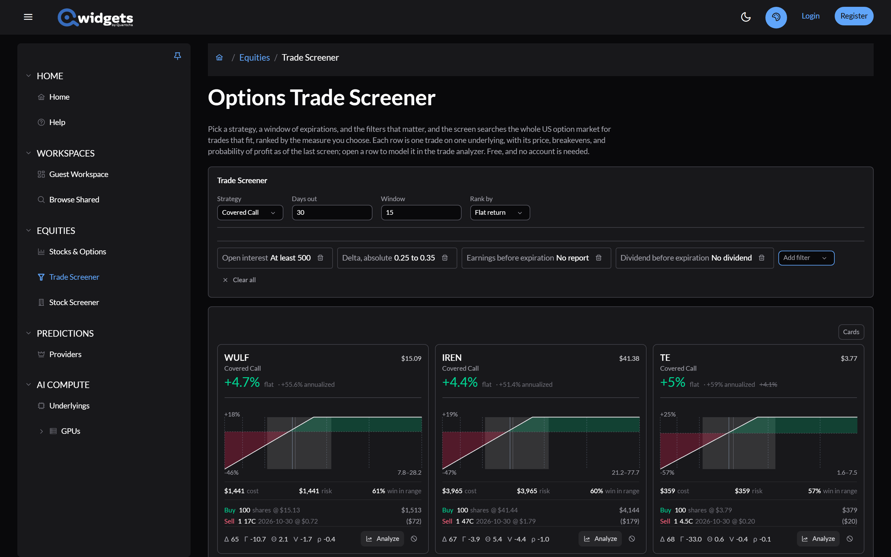 The screener with four filters applied: absolute delta between 0.25 and 0.35, open interest of at least 500, no earnings report before expiration, and no dividend before expiration.