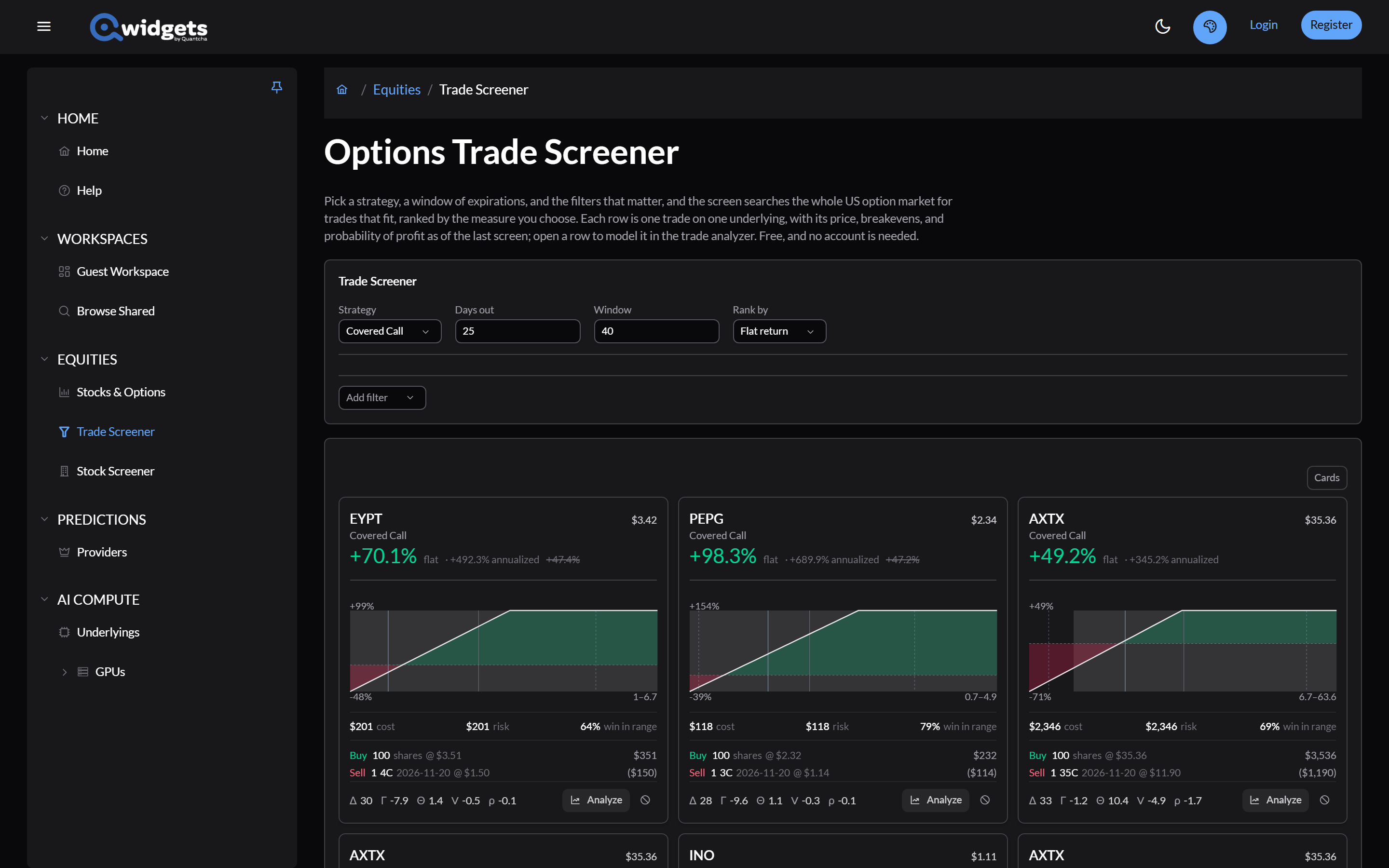 The Options Trade Screener with its Strategy, Days out, Window, and Rank by controls and Add filter above the results.