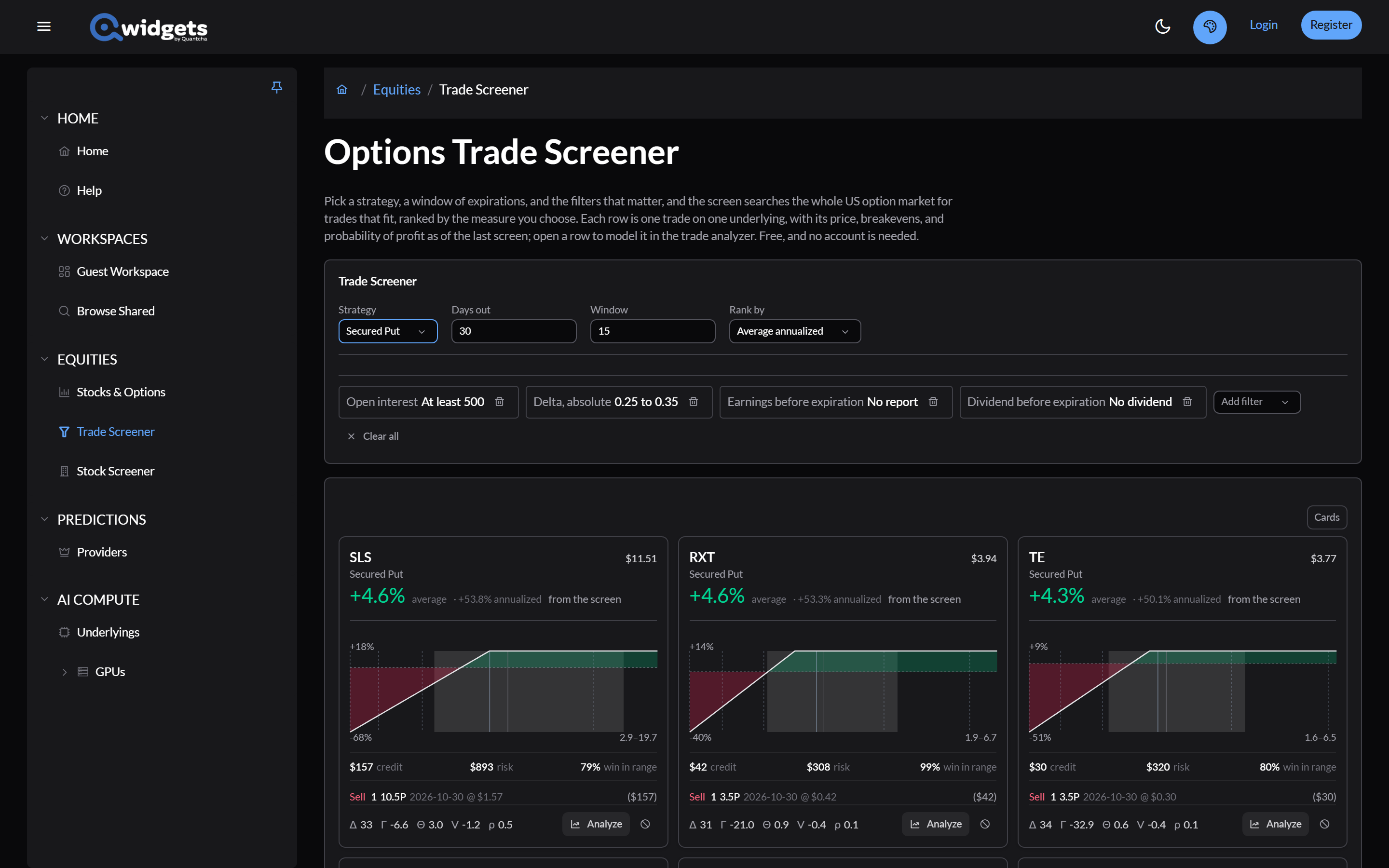 The same screen with Strategy set to Secured Put: the four filters unchanged, and cash-secured put results as cards.