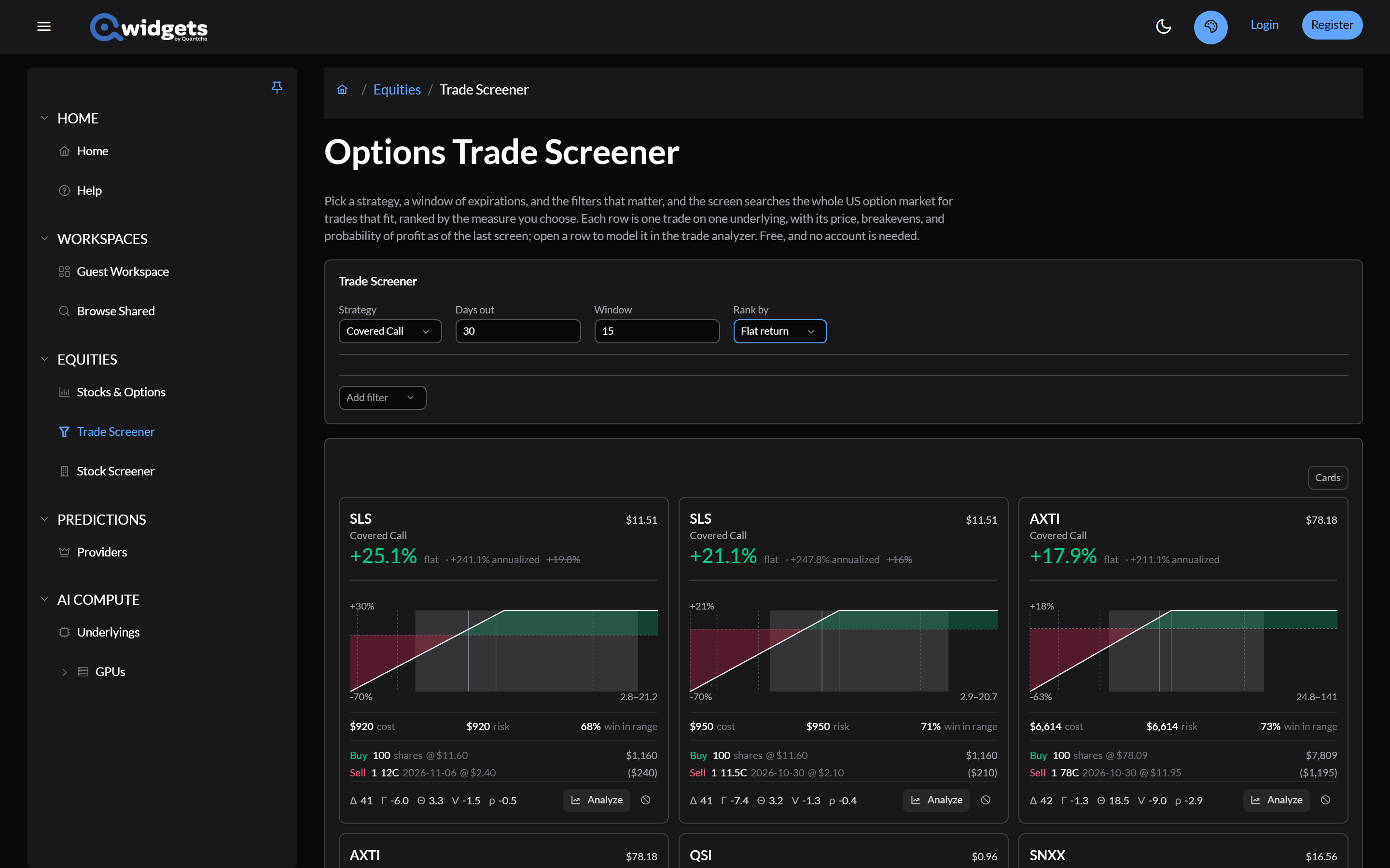 The screener set to Covered Call, searching expirations 30 to 45 days out.