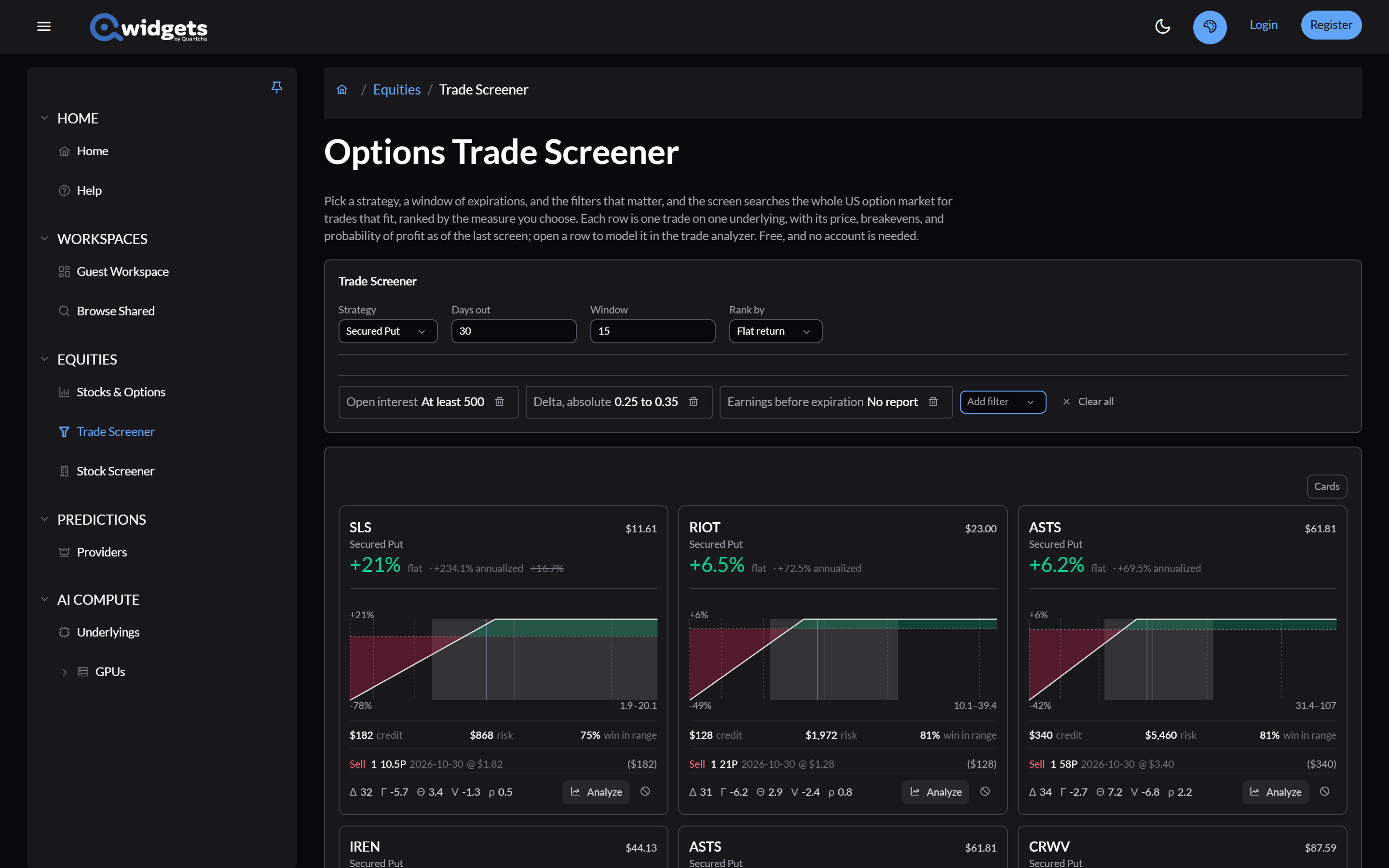 The screener with three filters applied: absolute delta between 0.25 and 0.35, open interest of at least 500, and no earnings report before expiration.