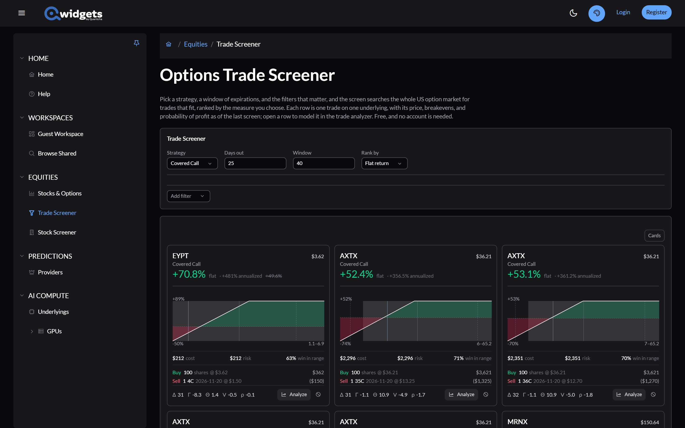 The Options Trade Screener with its Strategy, Days out, Window, and Rank by controls and Add filter above the results.