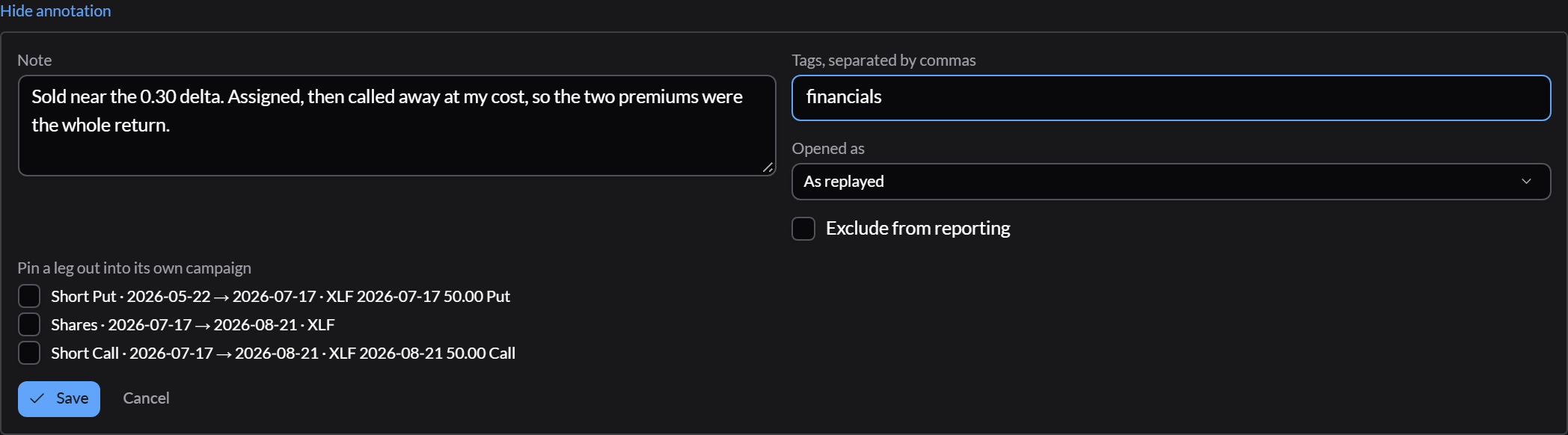The Annotate panel on the Wheel campaign, with a note and a tag filled in, above the Save and Cancel buttons.