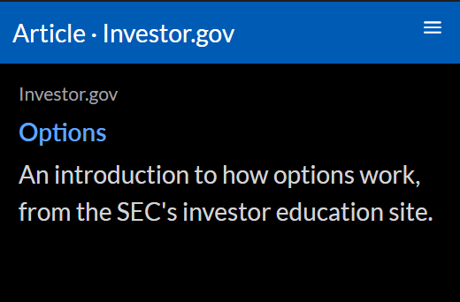 A featured Investor.gov page on options, with its publication, headline, and summary.
