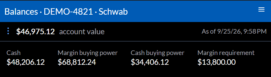 Schwab account balances: account value, cash, margin and cash buying power, and margin requirement.