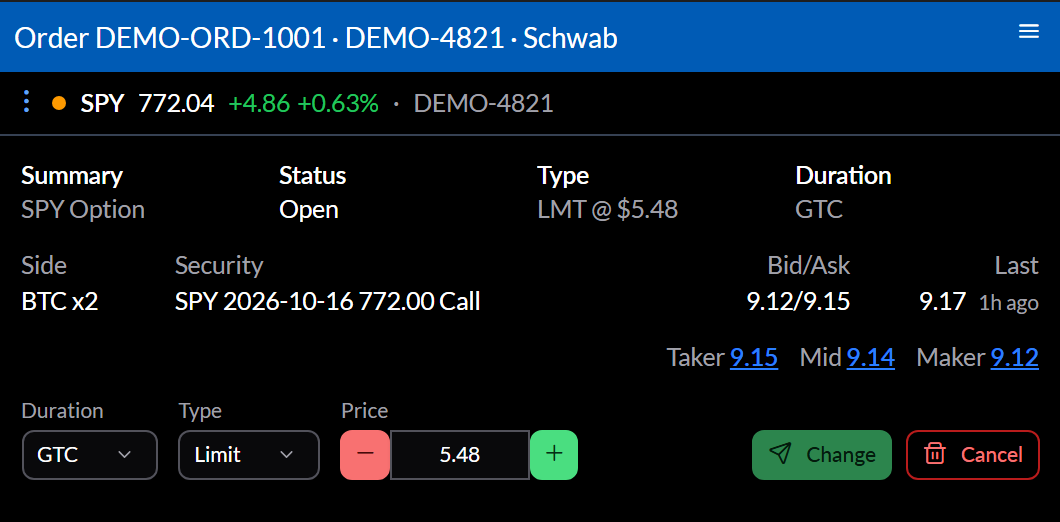 A working Schwab order to buy back two SPY calls: its status, type, and duration, the contract with bid, ask, and last, quick prices, and Duration, Type, and Price fields with Change and Cancel buttons.