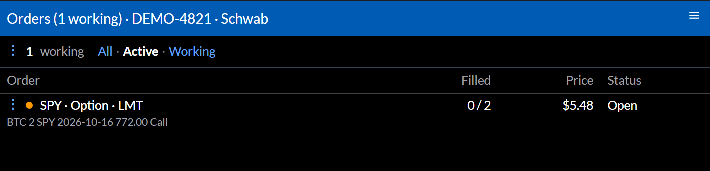 A Schwab orders list with one working order to buy back two SPY calls at a limit price.