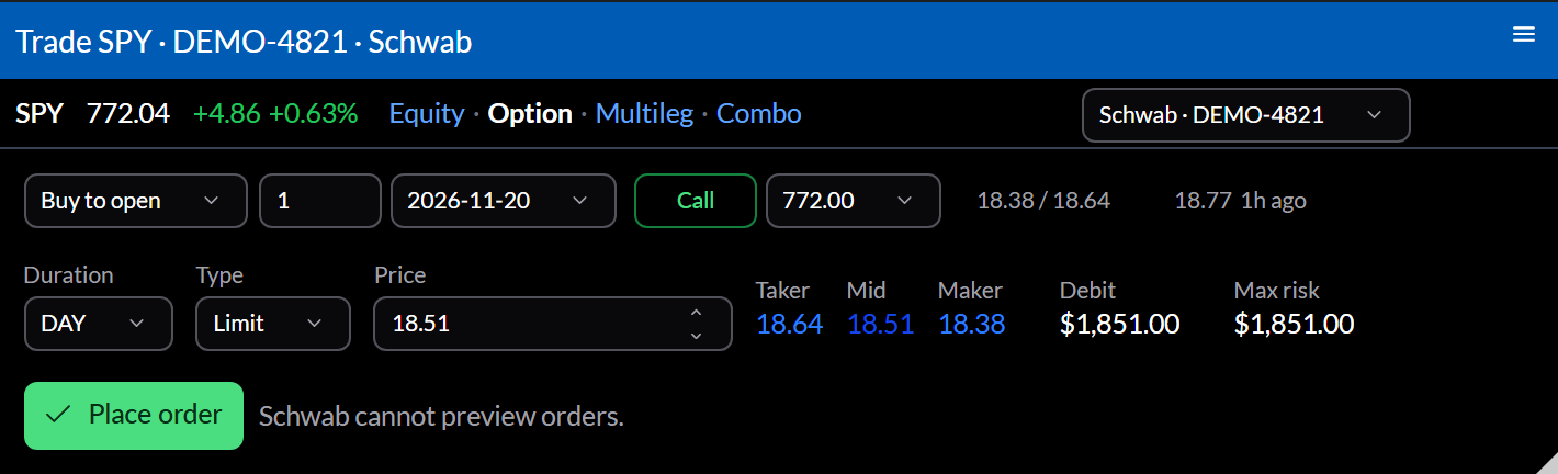 A Schwab ticket to buy one SPY call to open as a Day limit order at the mid price, showing the taker, mid, and maker prices, the debit, and the maximum risk.