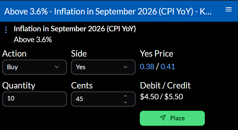 A Kalshi ticket to buy 10 Yes contracts in an inflation market at 45 cents, showing the market price and the debit and credit.