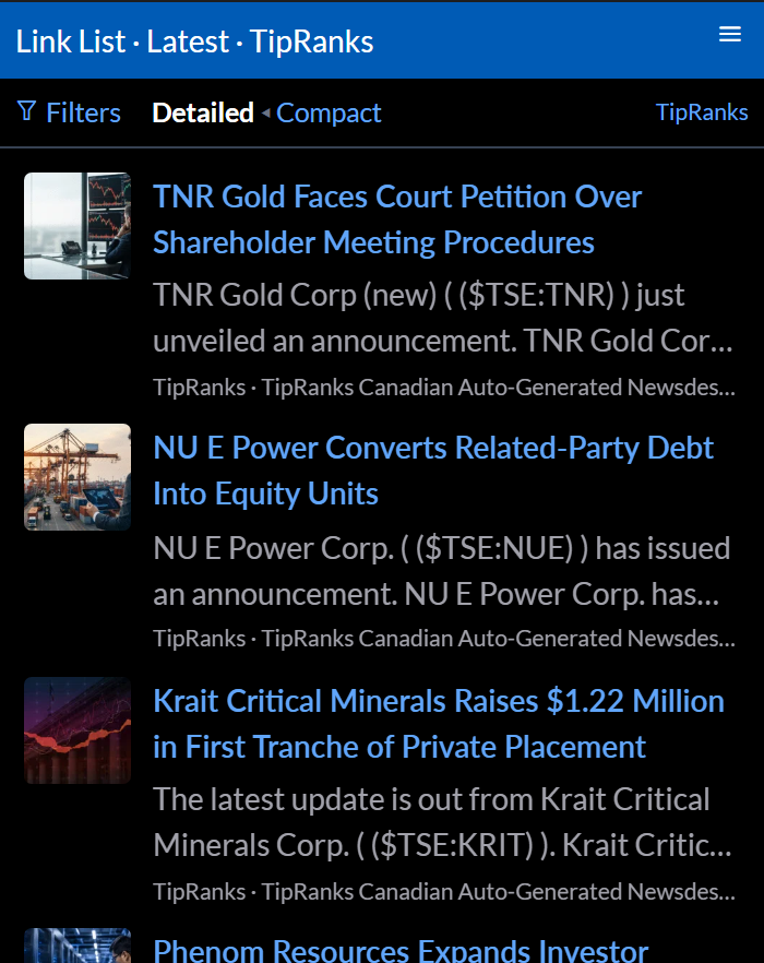 A TipRanks news feed in the detailed view: headlines with thumbnails, summaries, publisher, and age.