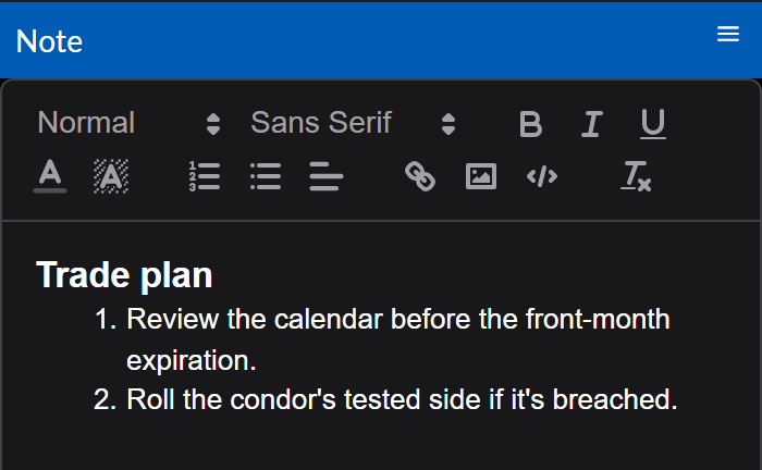 A note titled Trade plan with two numbered items, below a formatting toolbar.