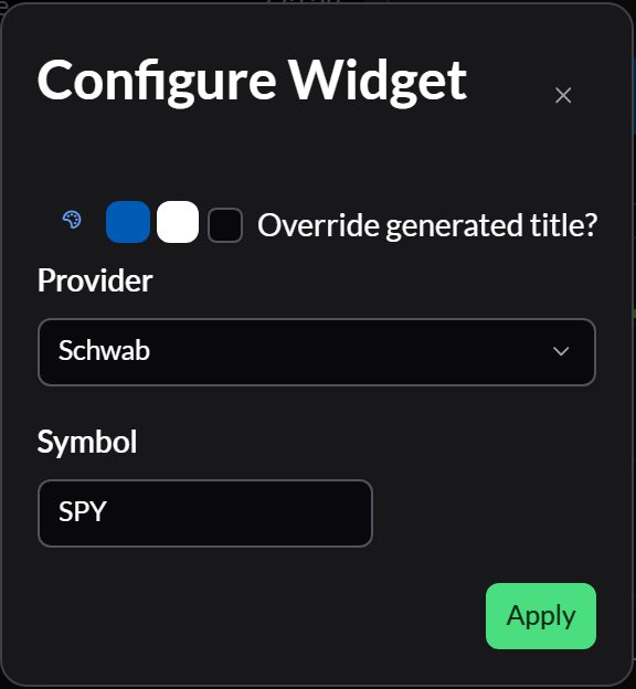 The Configure Widget dialog for a stock widget, with color controls, an Override generated title checkbox, a Provider picker set to Schwab, a Symbol field, and an Apply button.