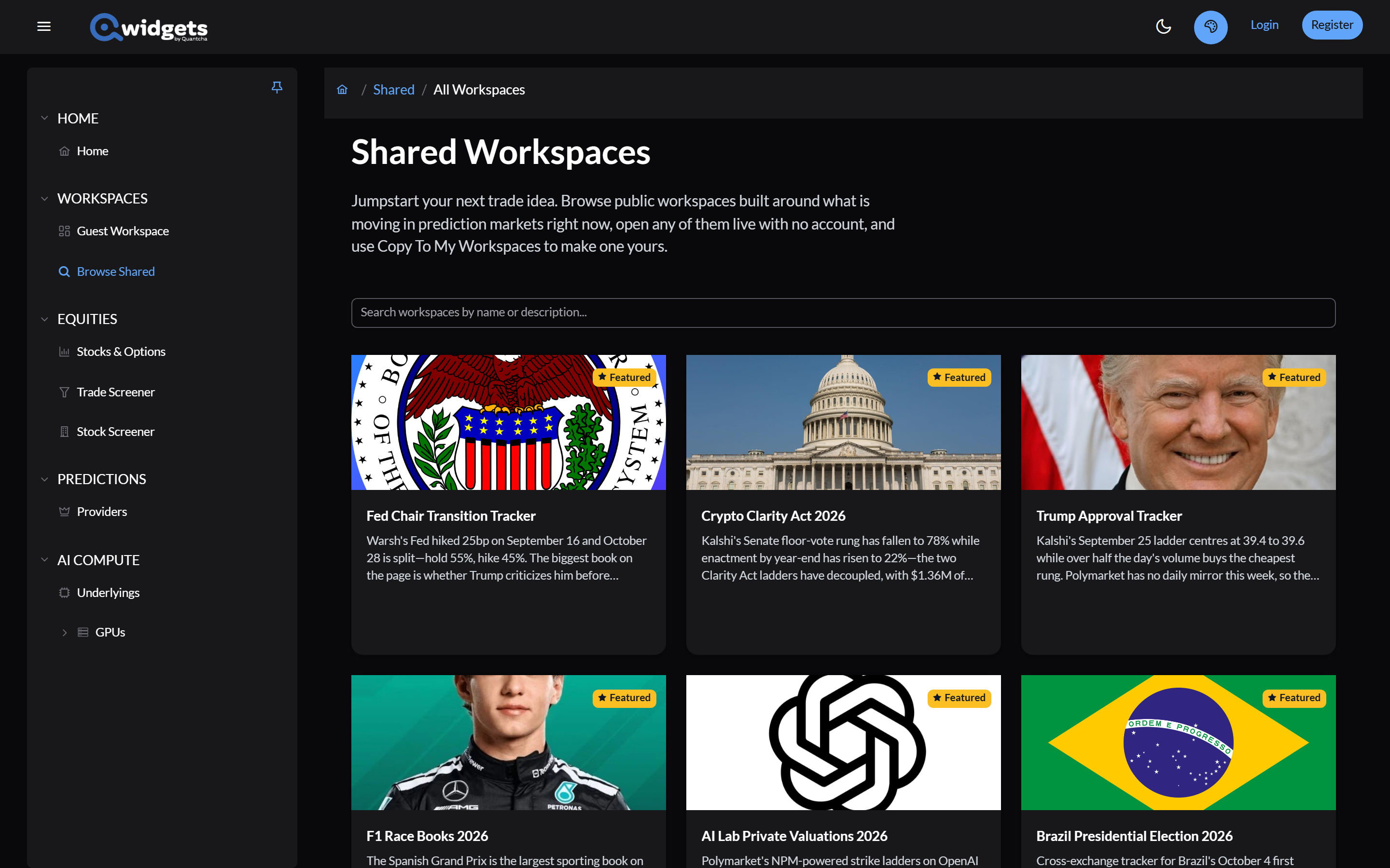 The Shared Workspaces page with a search box and cards for featured public workspaces.