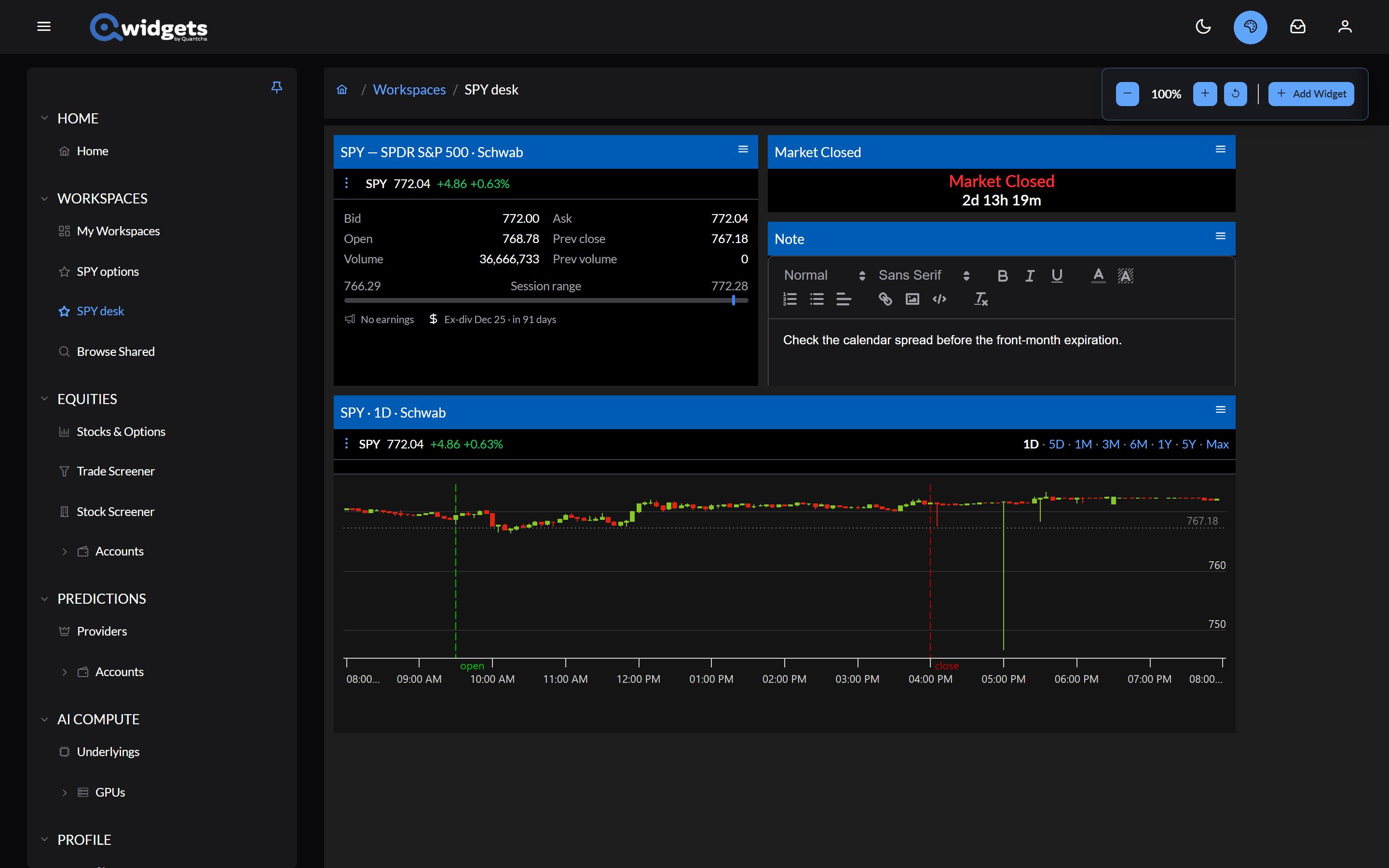A workspace with a stock quote, a market clock, a note, and a price chart for SPY arranged on the canvas.