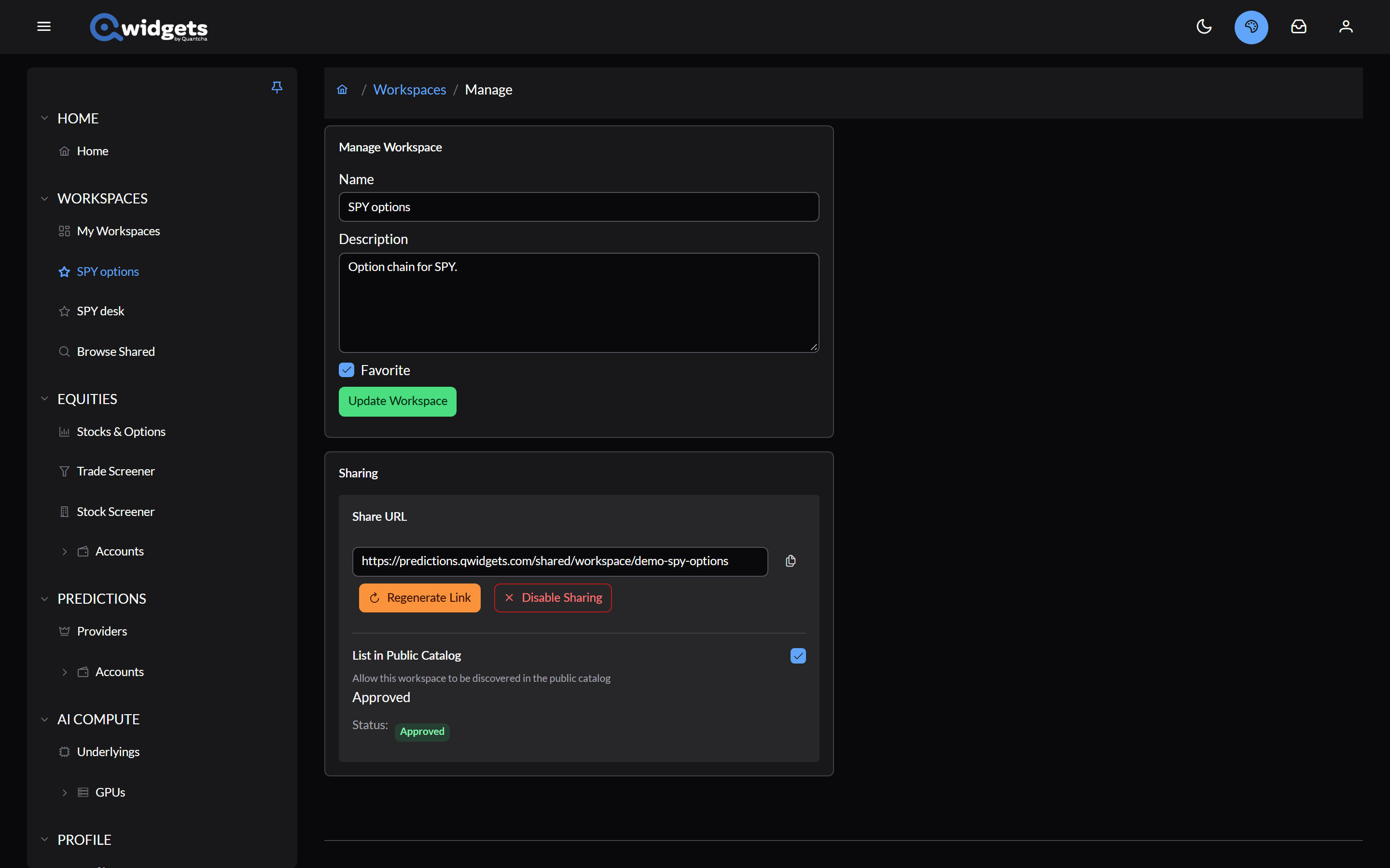 A workspace's manage page, with the Sharing panel showing its Share URL, Regenerate Link and Disable Sharing buttons, and List in Public Catalog checked with an Approved status.